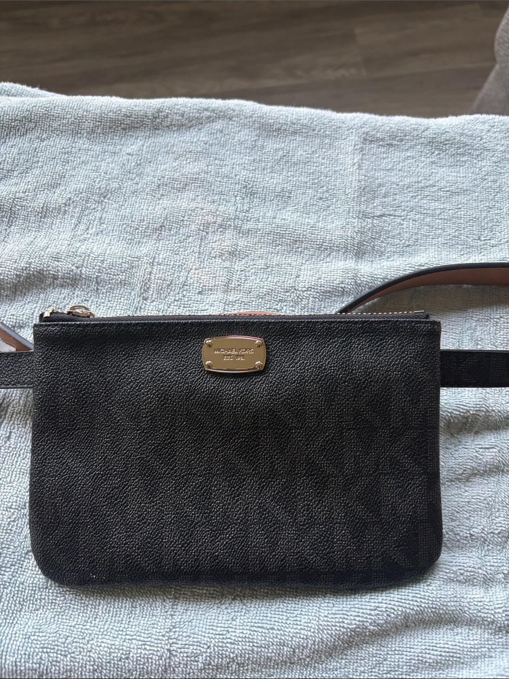 Michael Kors Black Pebbled Leather Belt Bag with Gold Plate